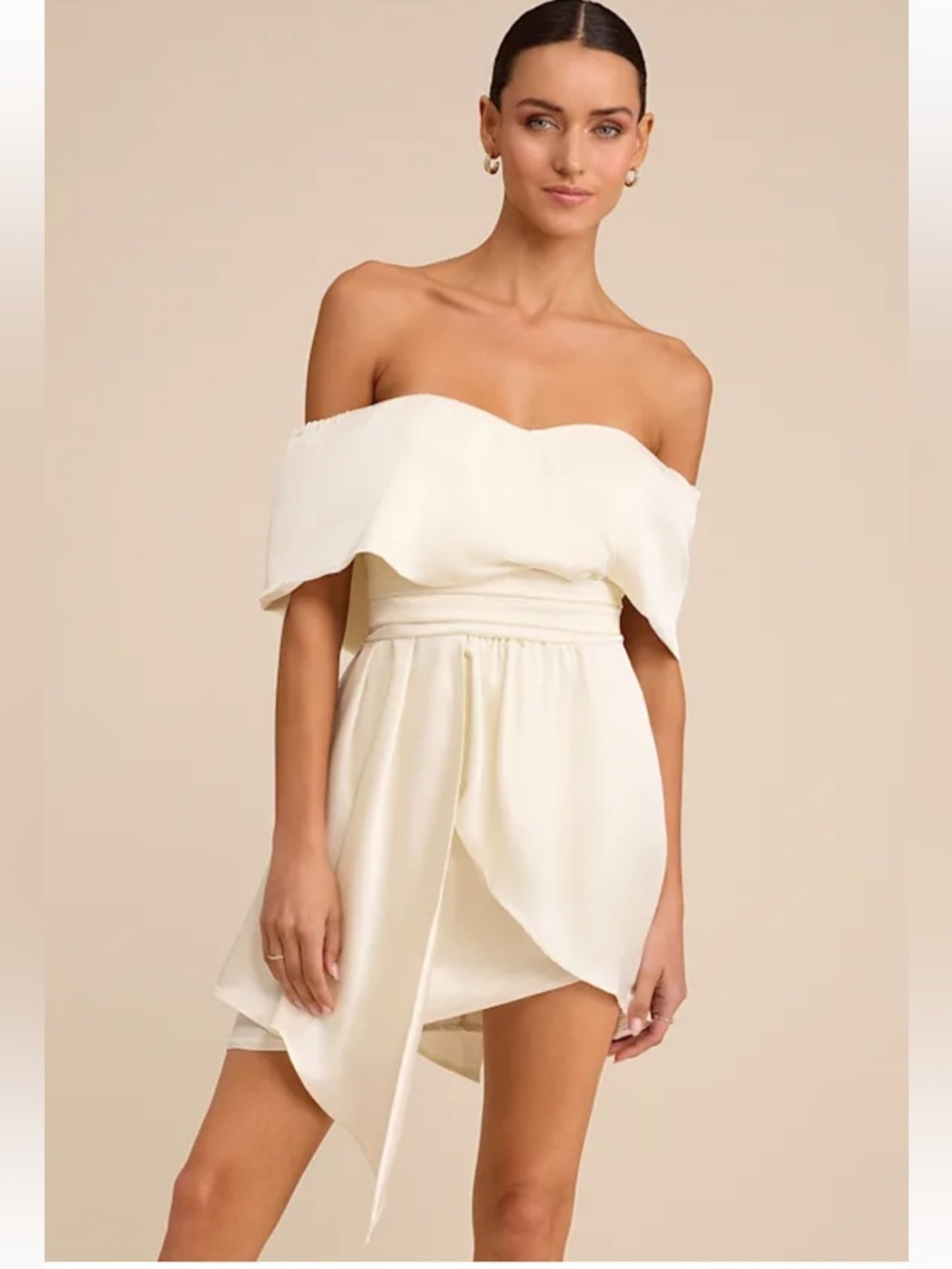 Lulus Always Celebrating Ivory Satin Off-the-Shoulder Mini Dress Size Large New!